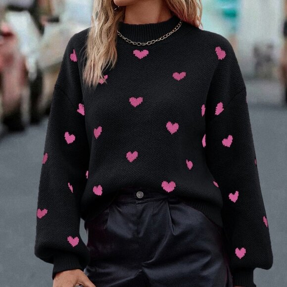 Black Casual Womens Heart Pattern Mock Neck Drop Shoulder Sweater - Picture 5 of 5